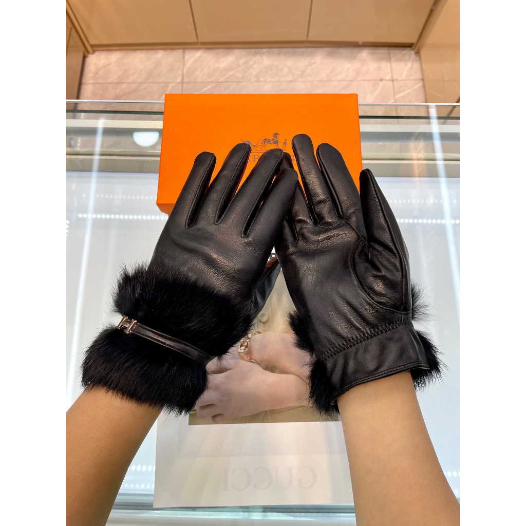 Găng Tay Thời Trang Da Cừu Đen hermes Cho Nữ