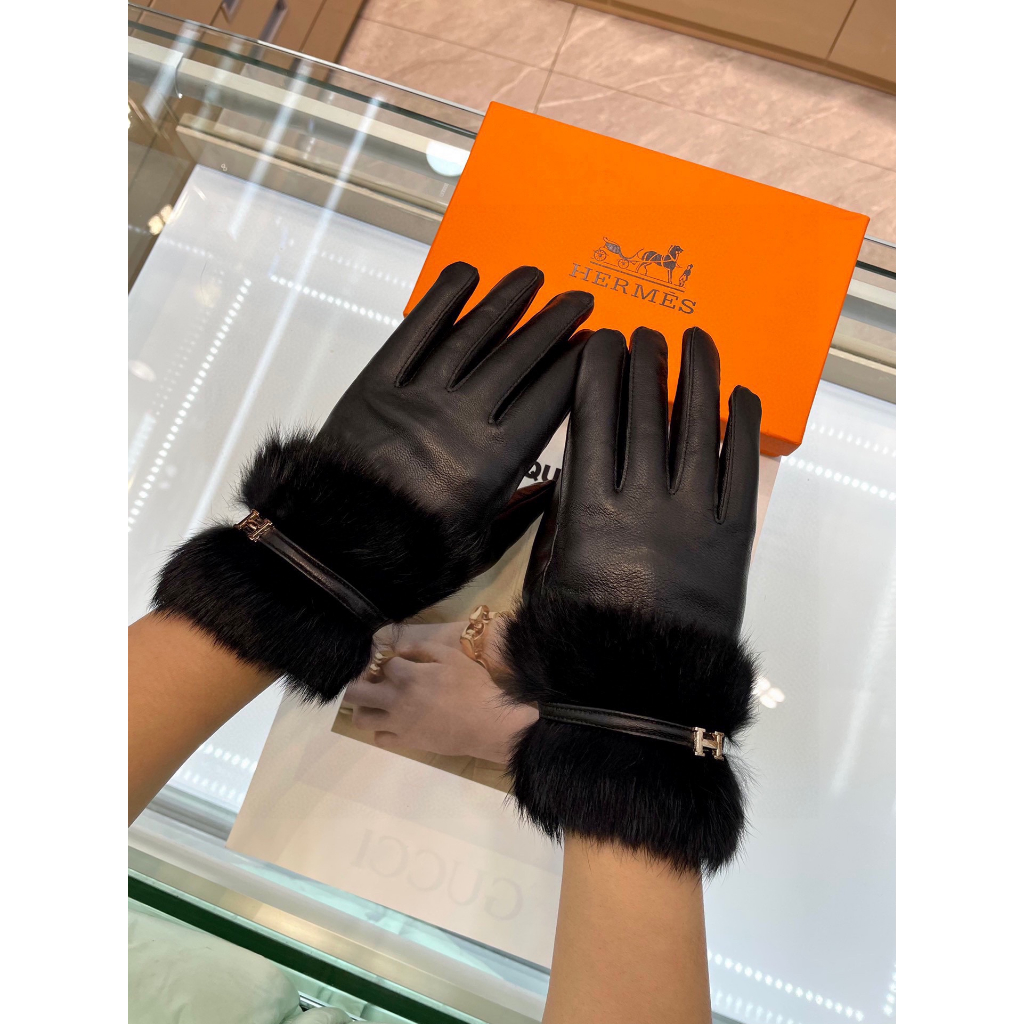 Găng Tay Thời Trang Da Cừu Đen hermes Cho Nữ