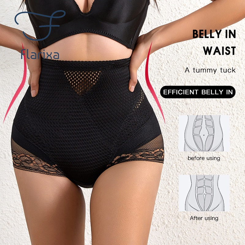 Flarixa Quần Lót Lưng Cao Định Hình Eo Thon Phối Ren Lưới Thoáng Khí Cho Nữ