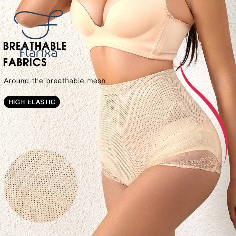 Flarixa Quần Lót Lưng Cao Định Hình Eo Thon Phối Ren Lưới Thoáng Khí Cho Nữ