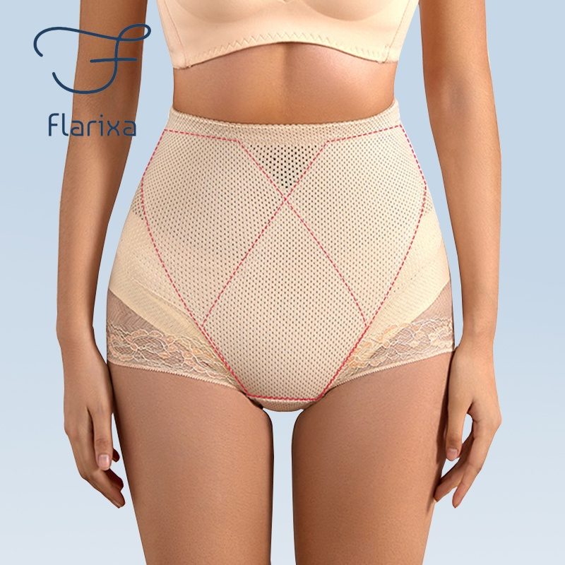 Flarixa Quần Lót Lưng Cao Định Hình Eo Thon Phối Ren Lưới Thoáng Khí Cho Nữ