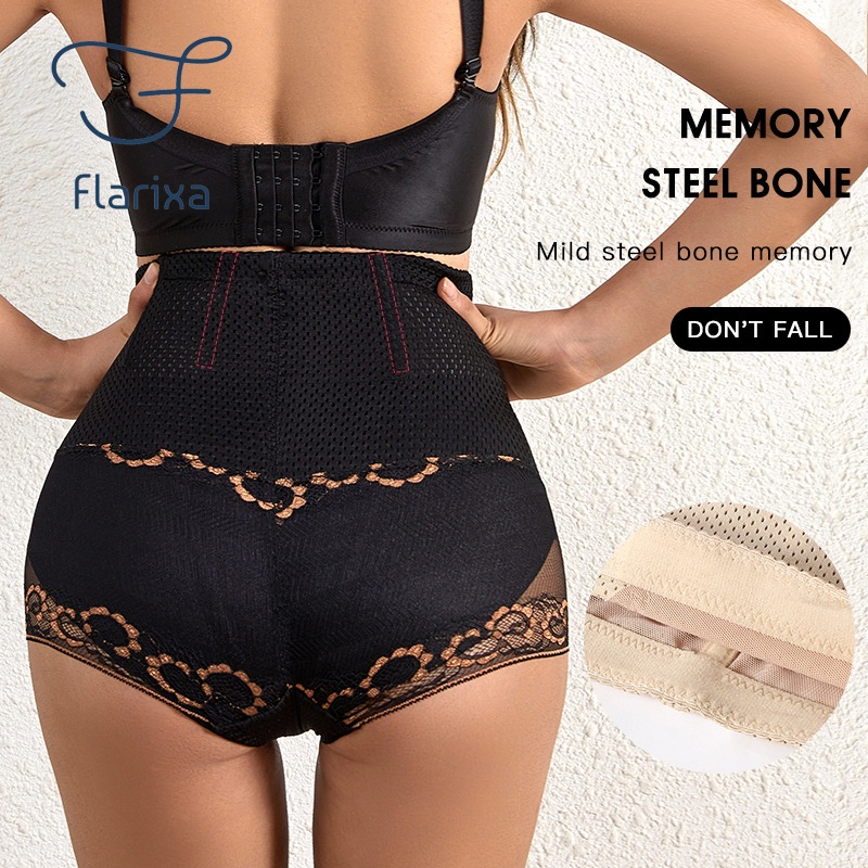 Flarixa Quần Lót Lưng Cao Định Hình Eo Thon Phối Ren Lưới Thoáng Khí Cho Nữ