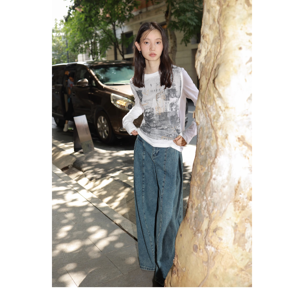 Fine studio Áo Thun cotton Tay Dài Cổ Tròn In Họa Tiết Màu Xám Trắng Chính Hãng