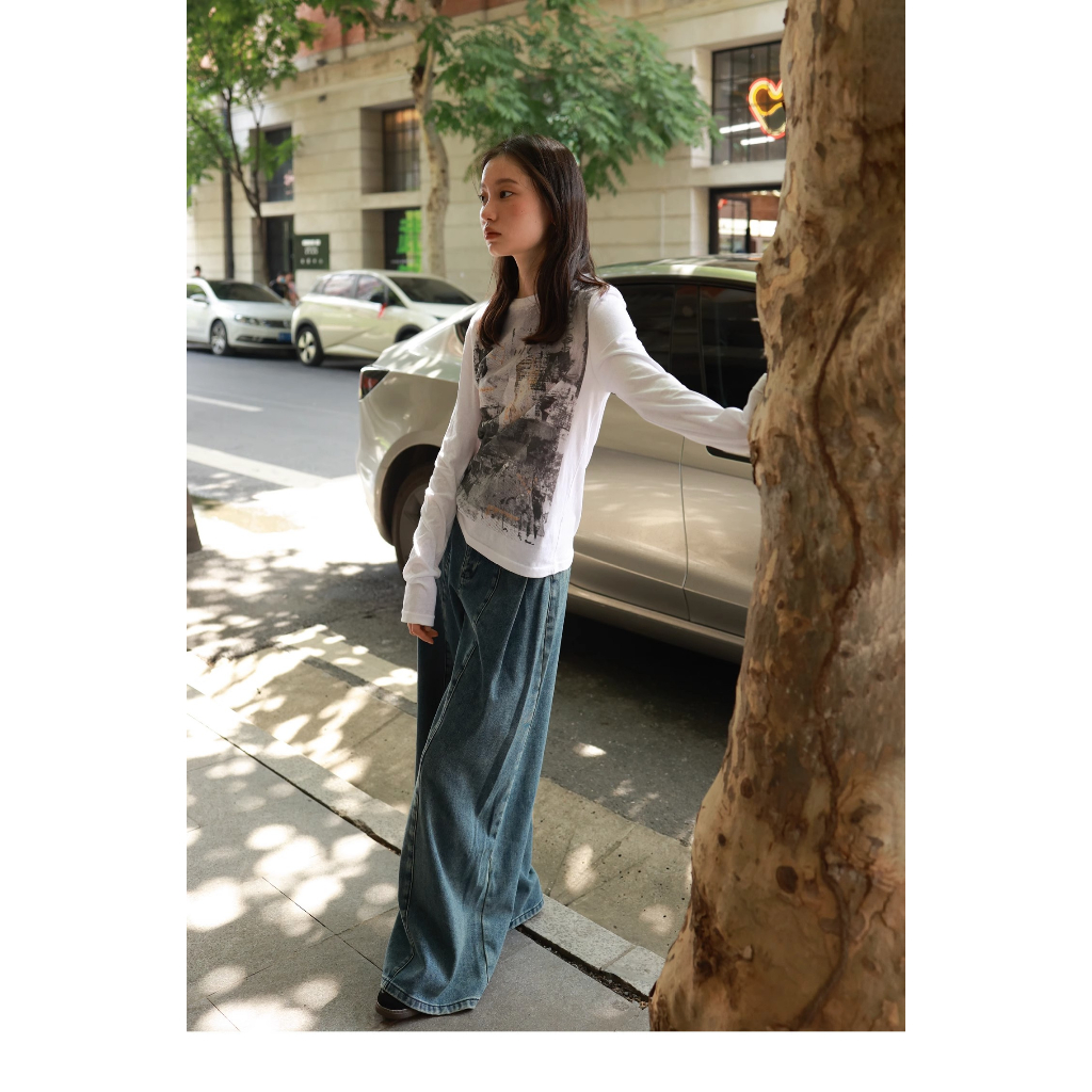 Fine studio Áo Thun cotton Tay Dài Cổ Tròn In Họa Tiết Màu Xám Trắng Chính Hãng