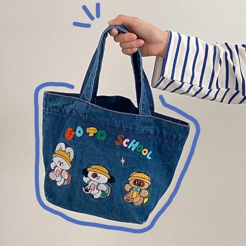Túi tote Vải denim Cỡ Lớn Thêu Họa Tiết Hoạt Hình Nhật Bản Dễ Thương Cho Học Sinh