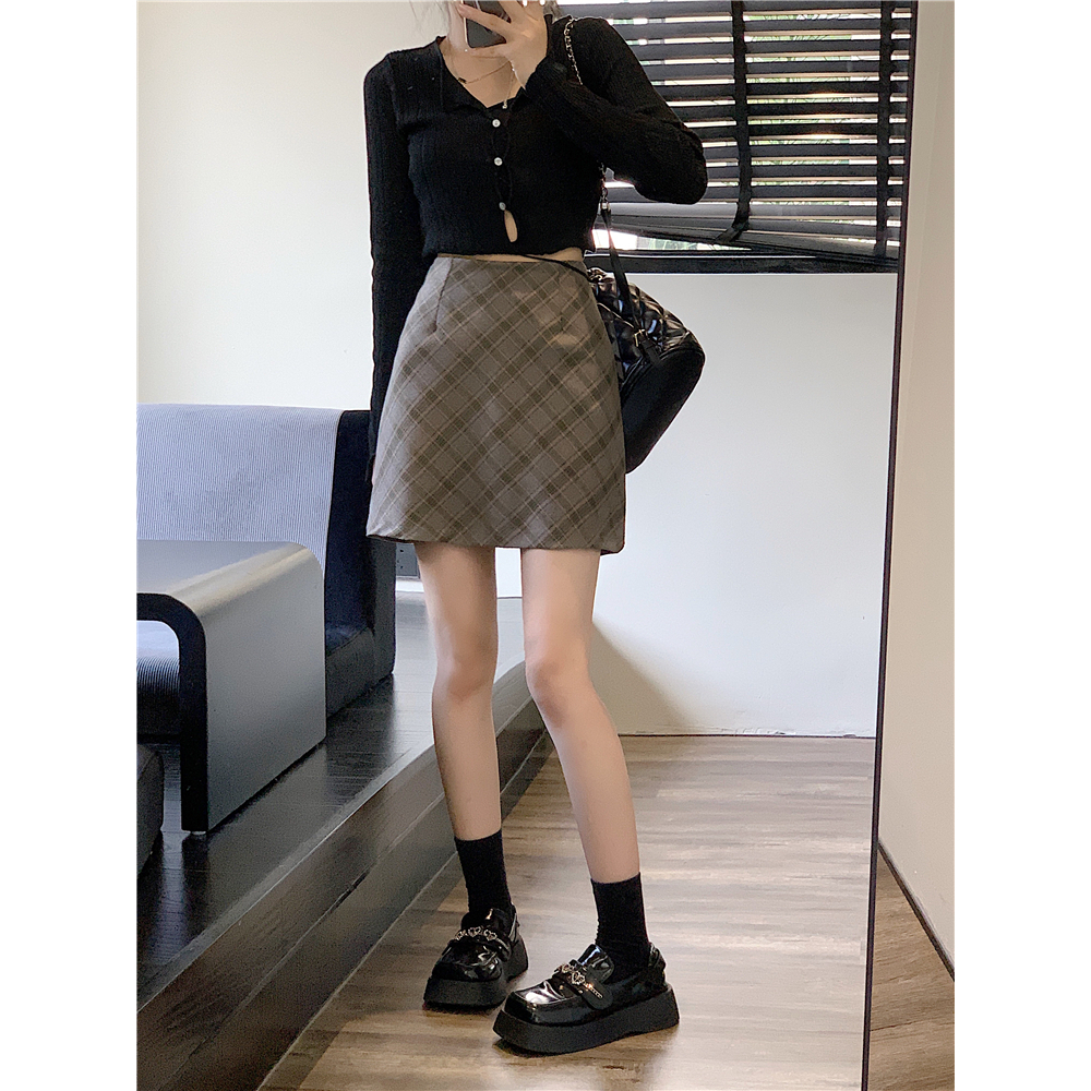 Xiaozhaniv Chân Váy Ngắn Lưng Cao Ôm Hông Họa Tiết Caro vintage Hàn Quốc Mùa Thu Cho Nữ