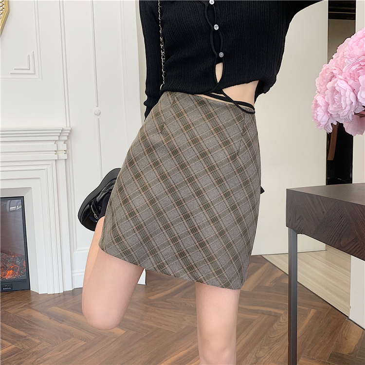 Xiaozhaniv Chân Váy Ngắn Lưng Cao Ôm Hông Họa Tiết Caro vintage Hàn Quốc Mùa Thu Cho Nữ