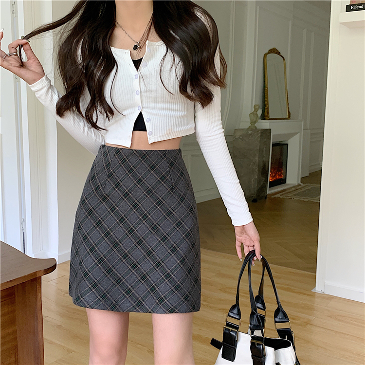 Xiaozhaniv Chân Váy Ngắn Lưng Cao Ôm Hông Họa Tiết Caro vintage Hàn Quốc Mùa Thu Cho Nữ