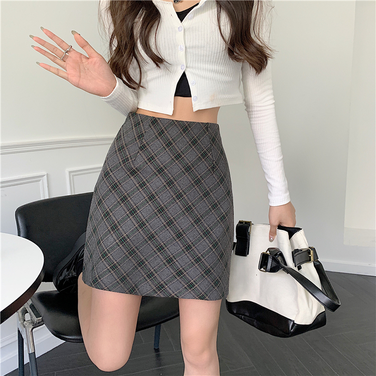 Xiaozhaniv Chân Váy Ngắn Lưng Cao Ôm Hông Họa Tiết Caro vintage Hàn Quốc Mùa Thu Cho Nữ