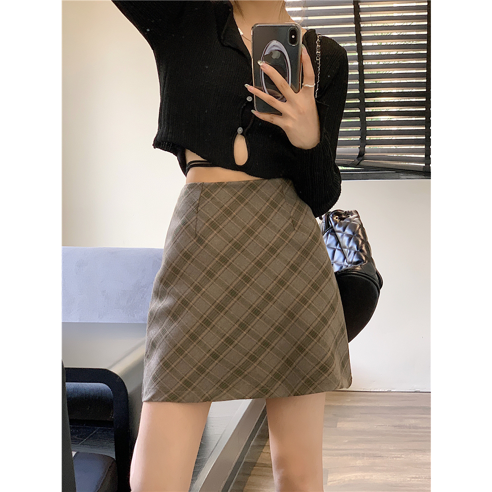 Xiaozhaniv Chân Váy Ngắn Lưng Cao Ôm Hông Họa Tiết Caro vintage Hàn Quốc Mùa Thu Cho Nữ