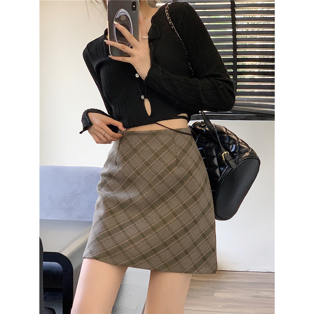Xiaozhaniv Chân Váy Ngắn Lưng Cao Ôm Hông Họa Tiết Caro vintage Hàn Quốc Mùa Thu Cho Nữ