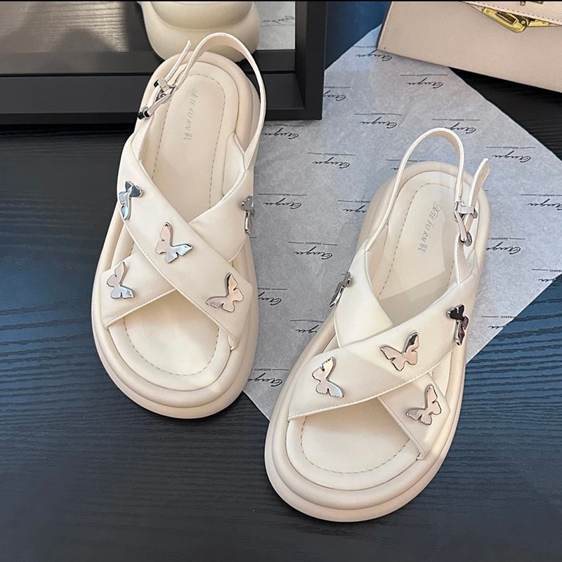GUDETU❤Xăng đan Da Mềm Quai Chéo Hình Bướm Thời Trang Cho Nữ