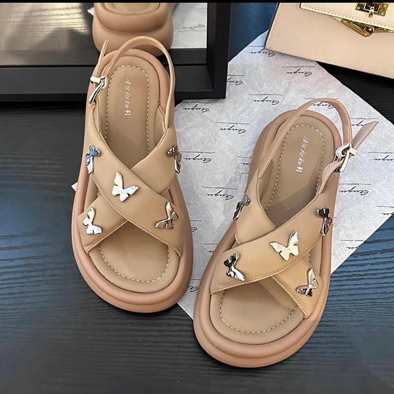 GUDETU❤Xăng đan Da Mềm Quai Chéo Hình Bướm Thời Trang Cho Nữ