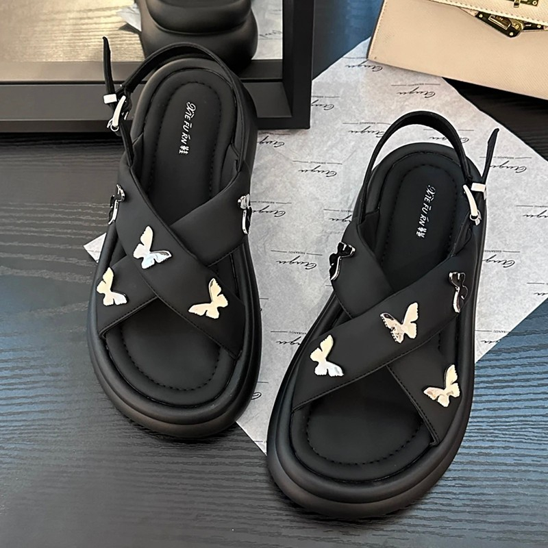 GUDETU❤Xăng đan Da Mềm Quai Chéo Hình Bướm Thời Trang Cho Nữ