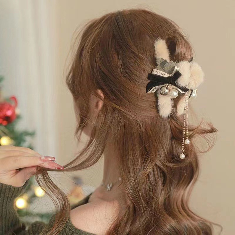 Kẹp Tóc Hình Nơ Phối Lông Nhung Phong Cách Giáng Sinh Dành Cho Nữ