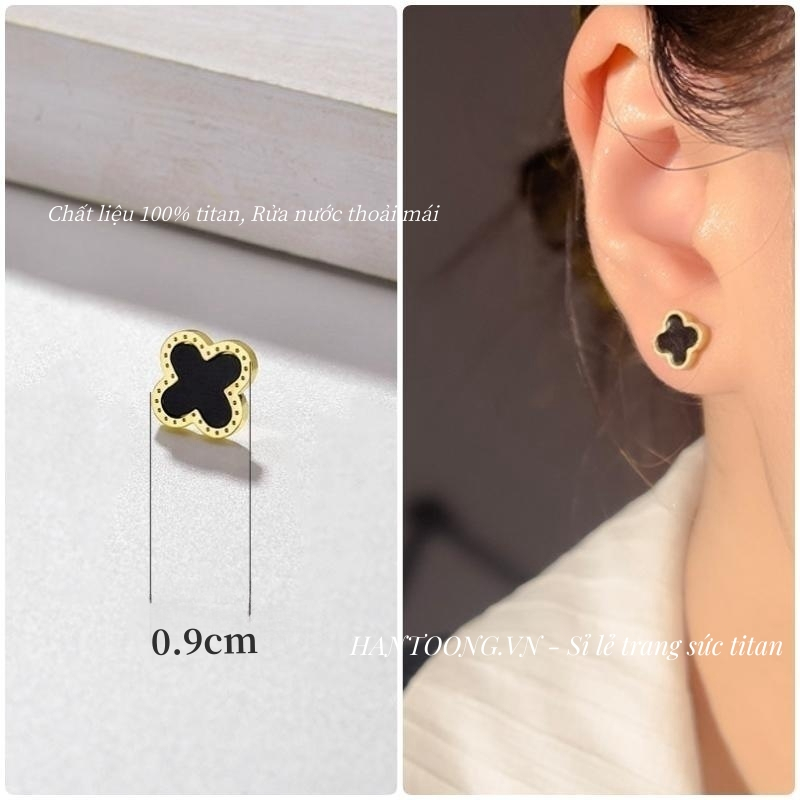 Khuyên tai titan không gỉ mạ vàng 18k hình cỏ 4 lá bản nhỏ xinh xắn thời trang trẻ trung dành cho nữ