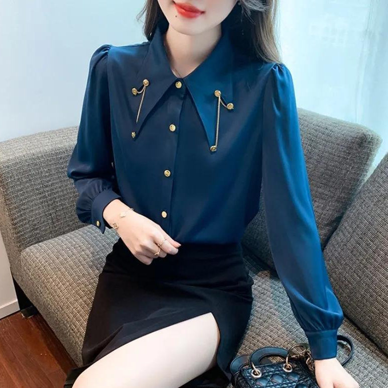 Thời Trang Áo Sơ Mi chiffon Tay Dài Phối Chuỗi Hạt Size s-3xl