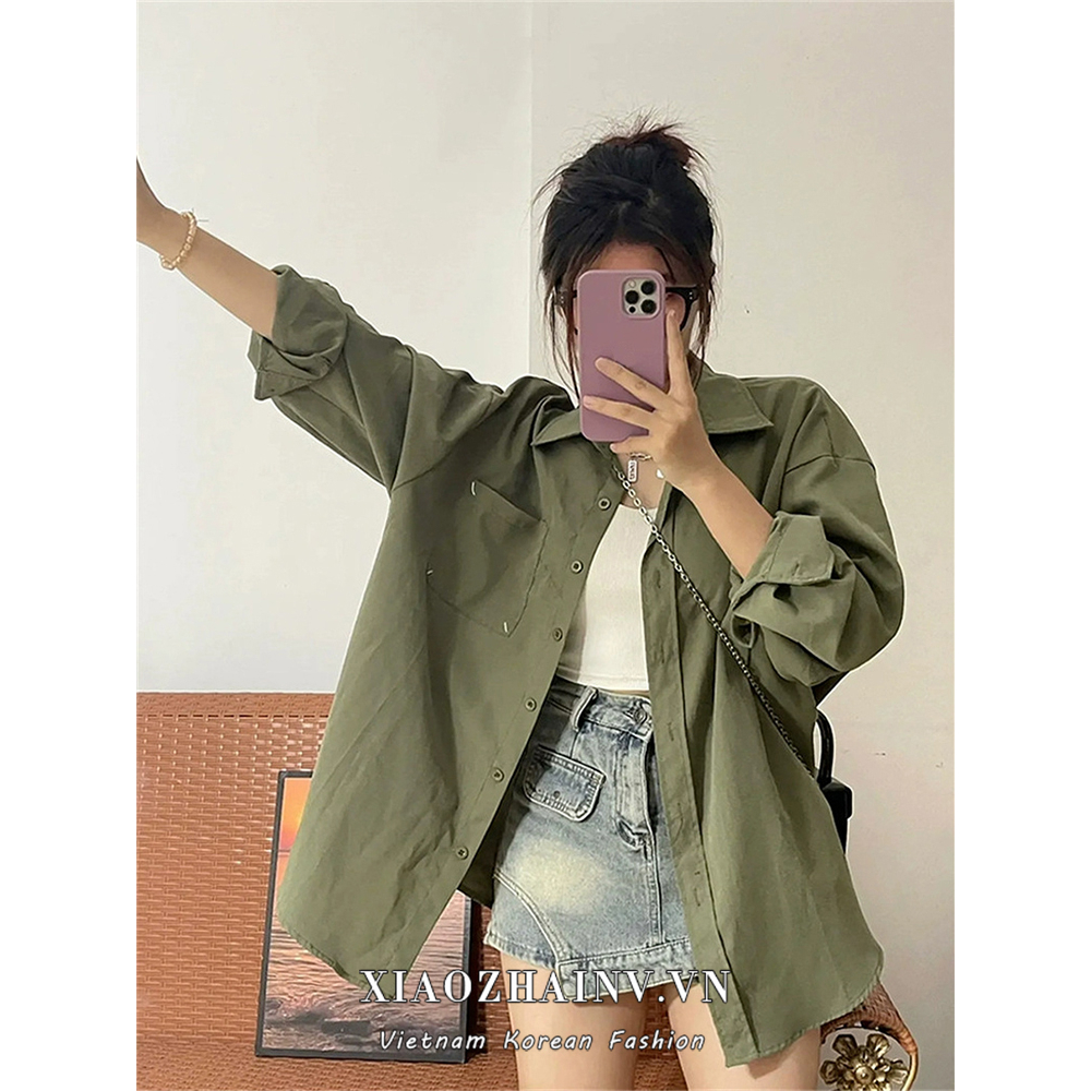 Xiaozhainv Áo Sơ Mi Nữ Tay Dài Dáng Rộng Phong Cách Hàn Quốc