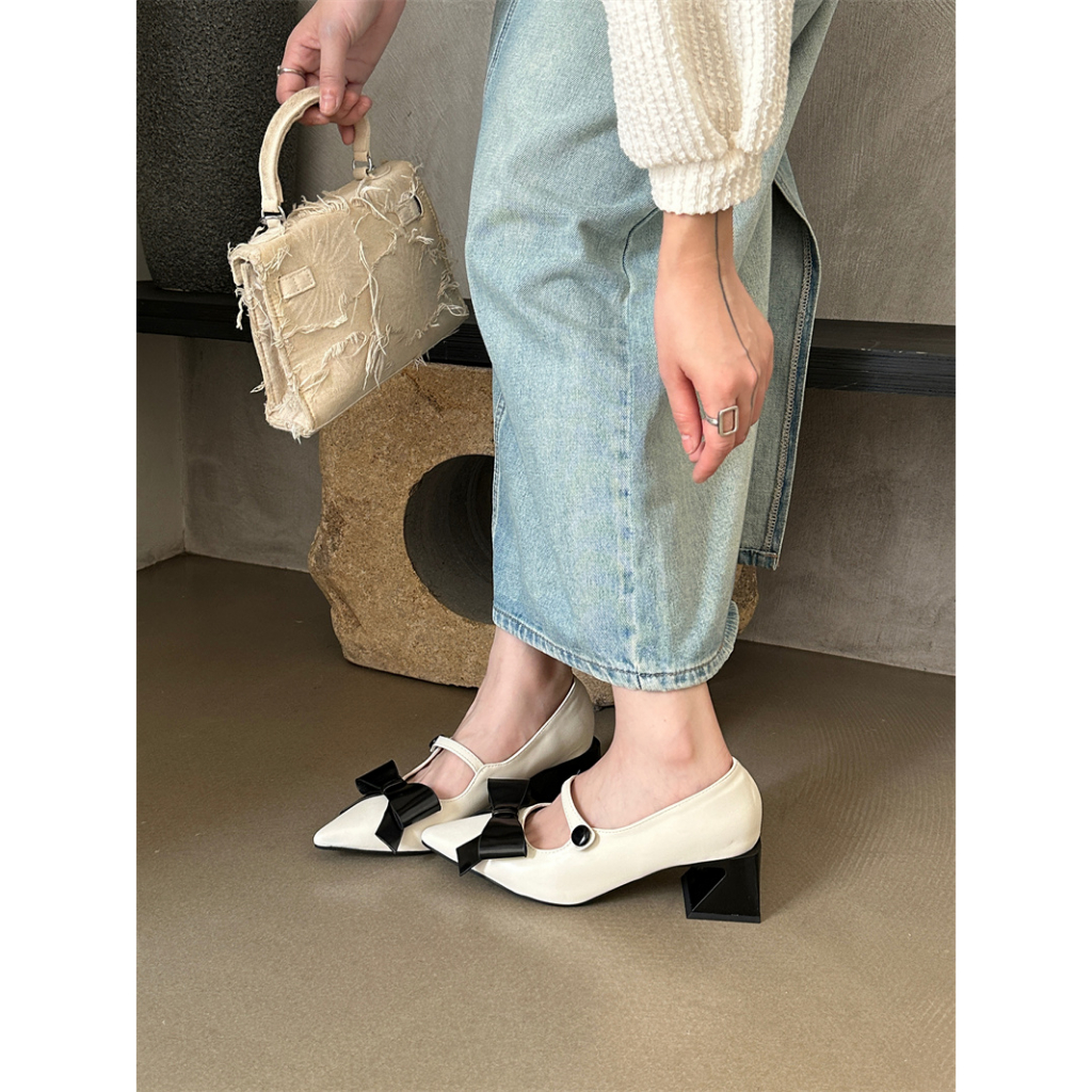 Thời Trang Giày Cao Gót 1.97 inches Mũi Nhọn Đính Nơ Phong Cách Pháp