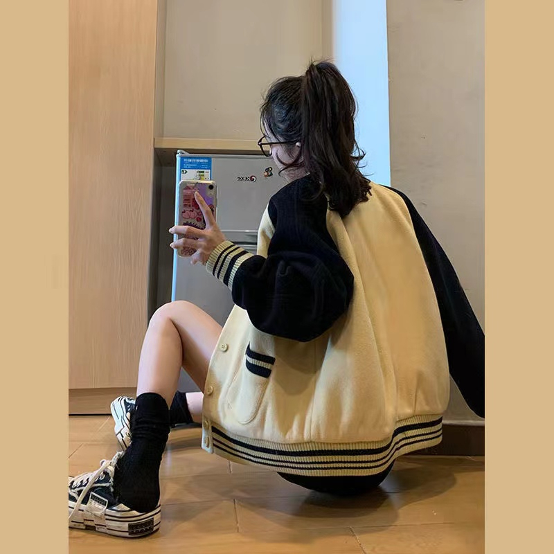 Xiaozhainv Áo Khoác Bóng Chày Tay Dài Màu Sắc Tương Phản Phong Cách Hàn Quốc Cho Nữ