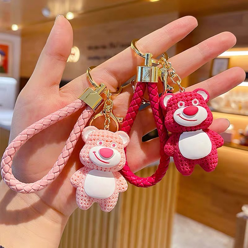 Strawberry bear cartoon dễ thương keychain cặp đôi túi mặt dây chuyền xe keychain búp bê