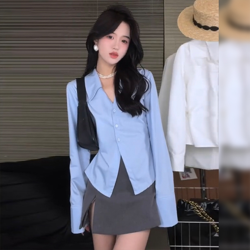 Xiaozhainv Áo Sơ Mi Tay Dài Màu Trơn Ôm Dáng Cổ polo Thời Trang Mùa Thu Hàn Quốc Cho Nữ