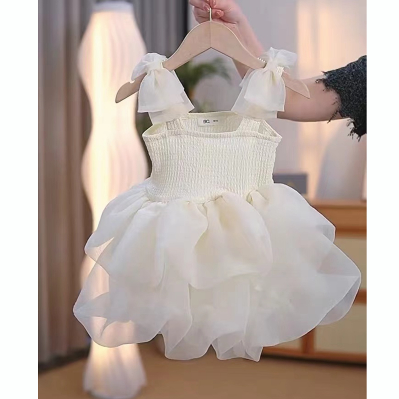 Đầm công chúa phối lưới phồng dây nơ mùa hè cho bé gái，Phù hợp với bé gái 0-7 tuổi