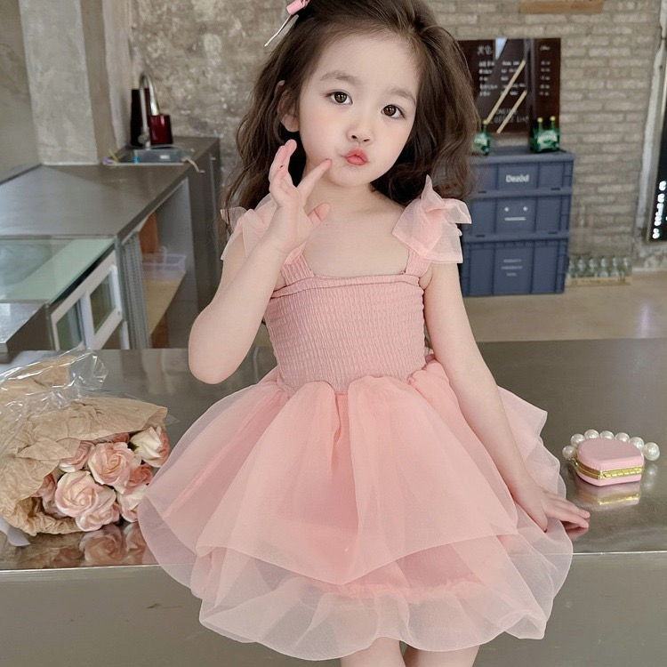Đầm công chúa phối lưới phồng dây nơ mùa hè cho bé gái，Phù hợp với bé gái 0-7 tuổi