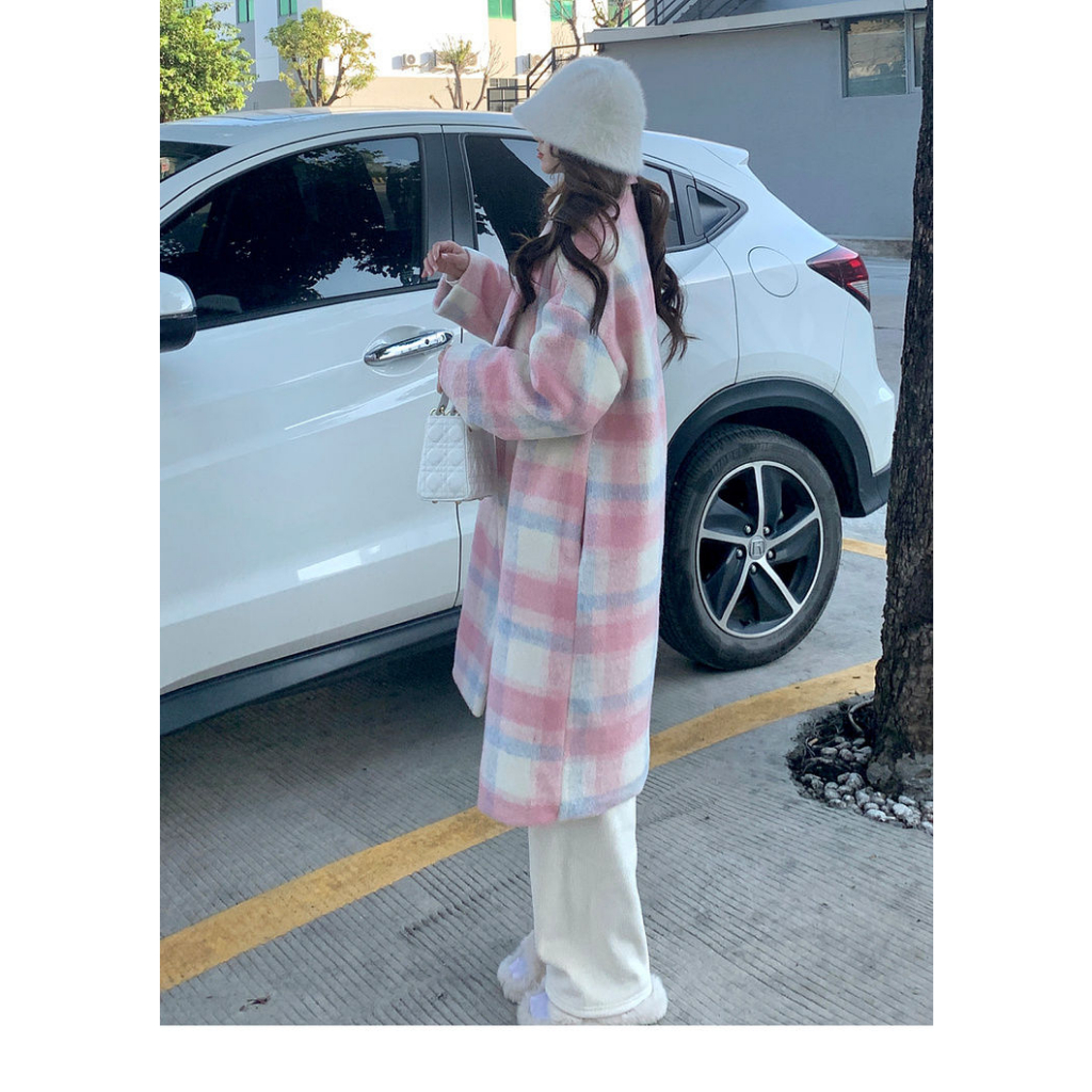 Áo Khoác Len Dày Dáng Dài Họa Tiết Kẻ Sọc Màu Hồng Phong Cách Hàn Quốc Thời Trang Thu Đông Cho Nữ s-2xl