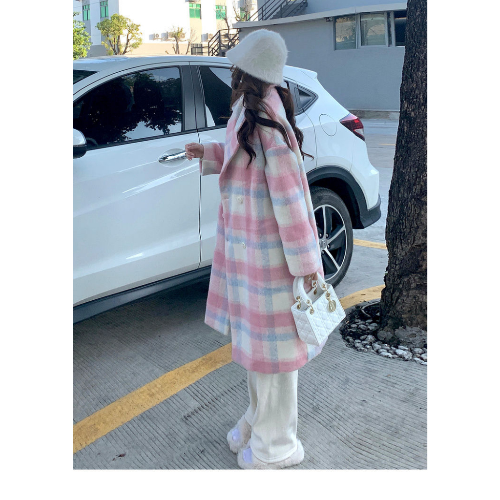 Áo Khoác Len Dày Dáng Dài Họa Tiết Kẻ Sọc Màu Hồng Phong Cách Hàn Quốc Thời Trang Thu Đông Cho Nữ s-2xl