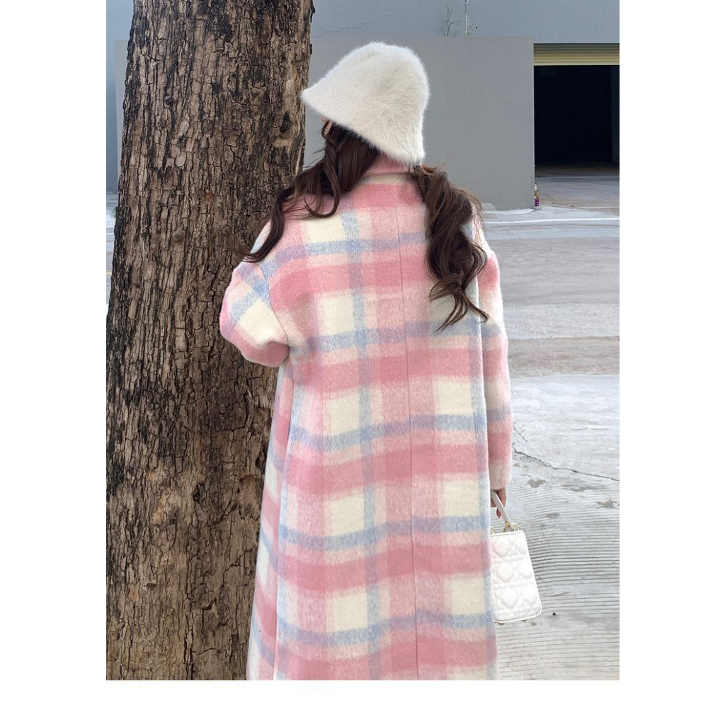 Áo Khoác Len Dày Dáng Dài Họa Tiết Kẻ Sọc Màu Hồng Phong Cách Hàn Quốc Thời Trang Thu Đông Cho Nữ s-2xl