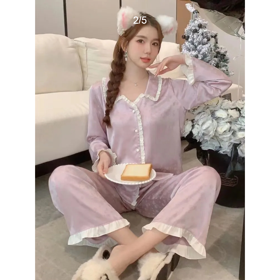 Bộ Đồ Ngủ Vải Lụa satin Tay Dài Thoải Mái Thời Trang Xuân Thu Cho Nữ