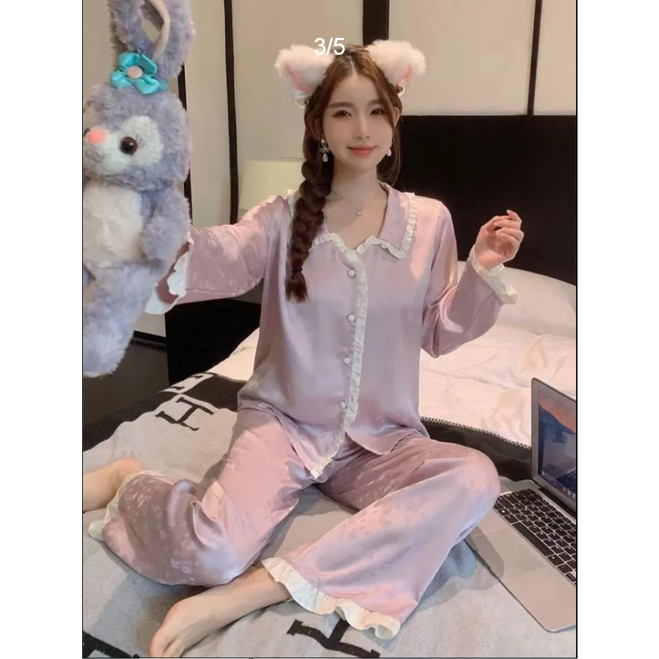 Bộ Đồ Ngủ Vải Lụa satin Tay Dài Thoải Mái Thời Trang Xuân Thu Cho Nữ