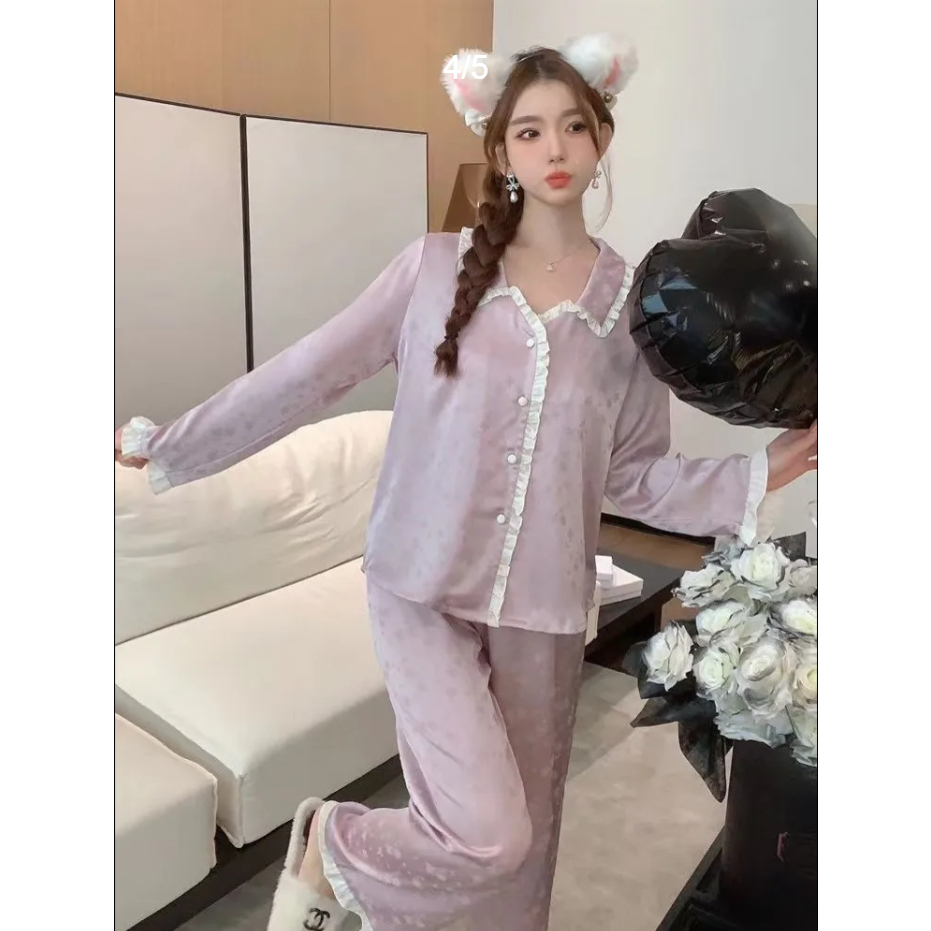 Bộ Đồ Ngủ Vải Lụa satin Tay Dài Thoải Mái Thời Trang Xuân Thu Cho Nữ