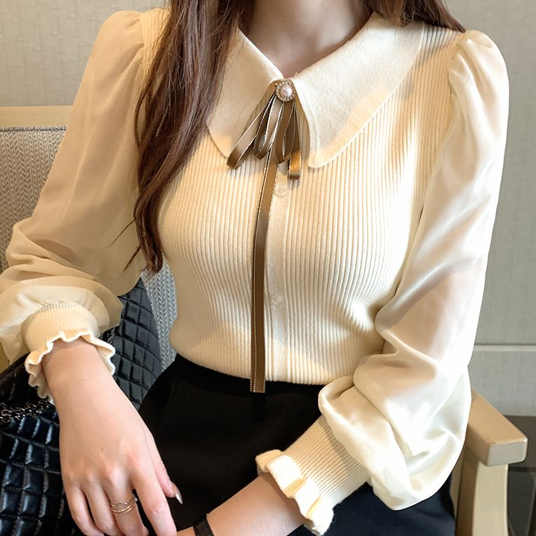 Áo Nữ Dệt Kim Tay Dài Phối Voan Thời Trang