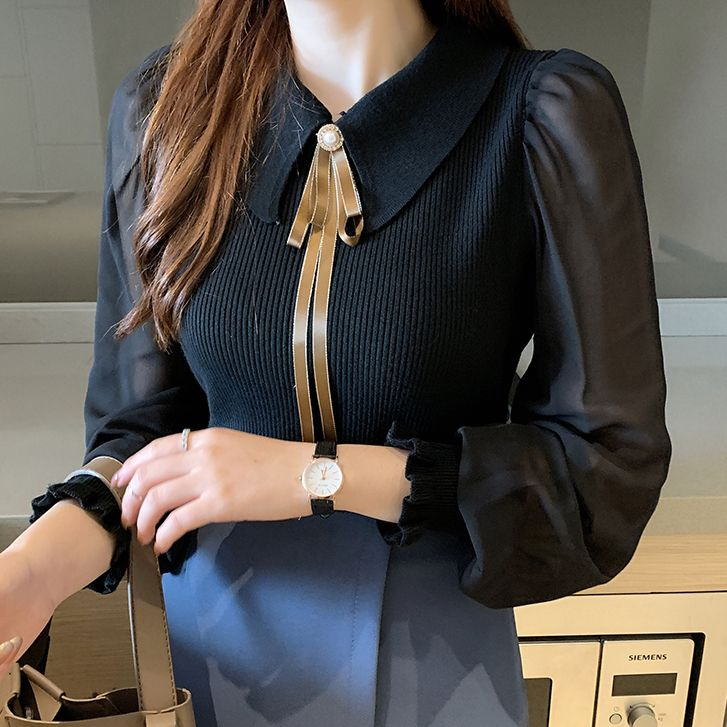 Áo Nữ Dệt Kim Tay Dài Phối Voan Thời Trang