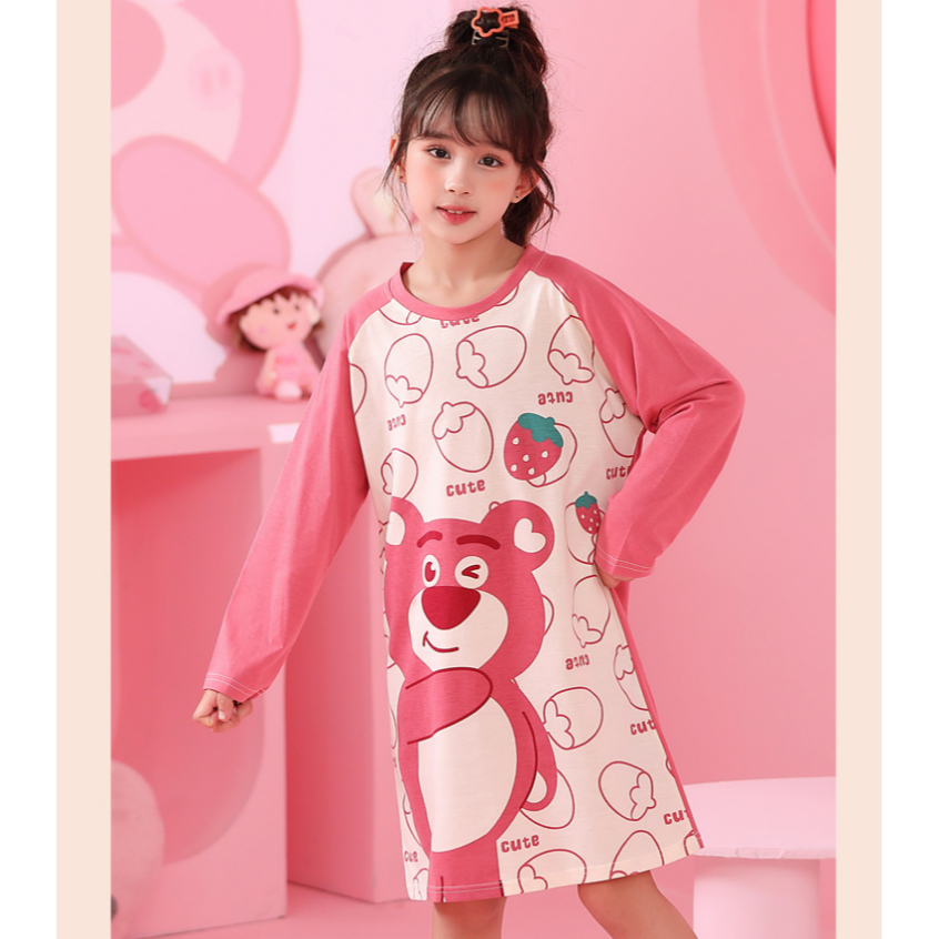 Đầm Ngủ cotton Tay Dài In Họa Tiết Gấu Hoạt Hình Dễ Thương Cho Nữ
