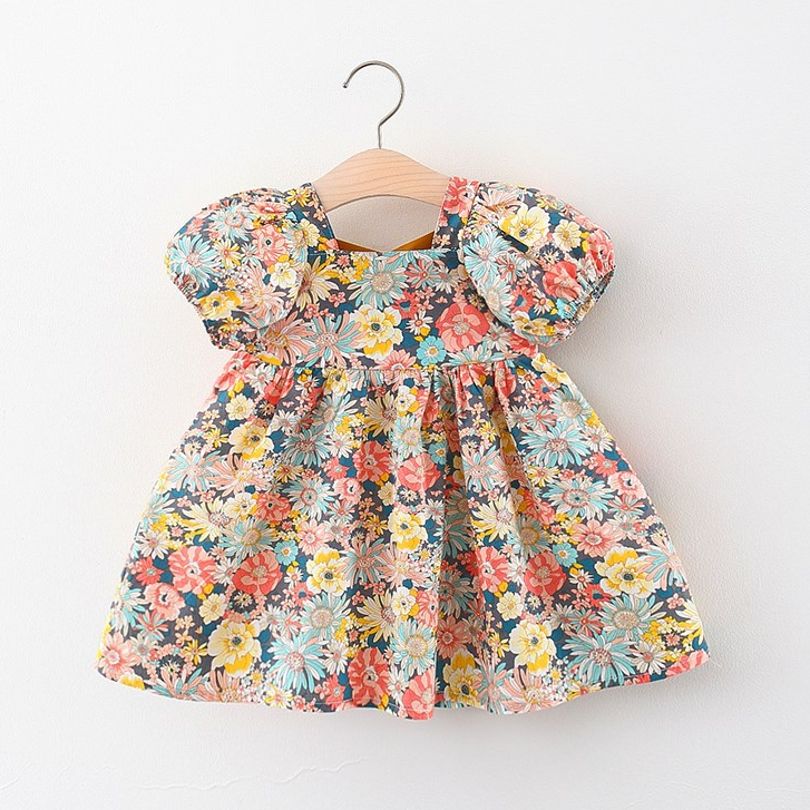 Đầm cotton tay phồng in họa tiết hoa thời trang mùa hè phong cách Hàn Quốc dành cho bé gái