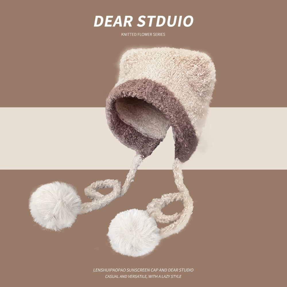 Mũ Len Dệt Kim Đính Quả Bông Tai Gấu Dễ Thương Thời Trang Thu Đông Cho Nữ