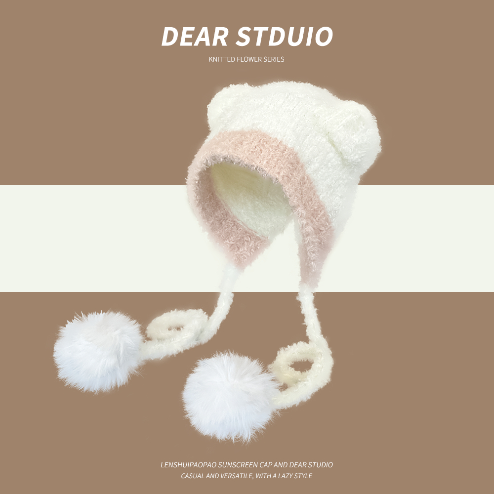 Mũ Len Dệt Kim Đính Quả Bông Tai Gấu Dễ Thương Thời Trang Thu Đông Cho Nữ