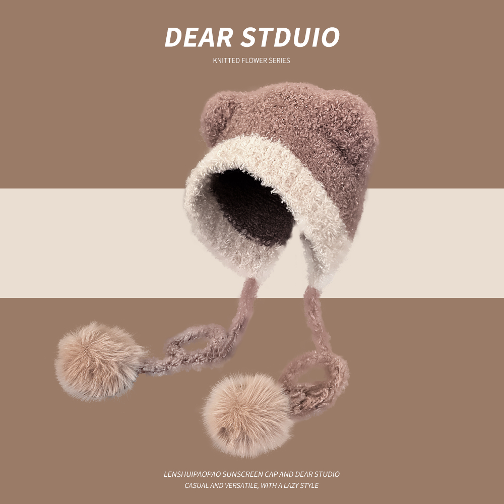 Mũ Len Dệt Kim Đính Quả Bông Tai Gấu Dễ Thương Thời Trang Thu Đông Cho Nữ