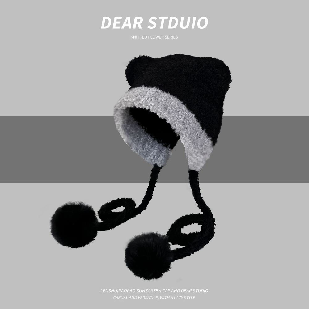 Mũ Len Dệt Kim Đính Quả Bông Tai Gấu Dễ Thương Thời Trang Thu Đông Cho Nữ