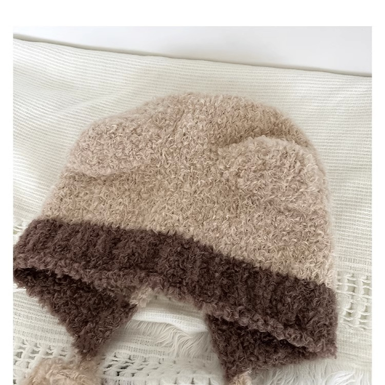 Mũ Len Dệt Kim Đính Quả Bông Tai Gấu Dễ Thương Thời Trang Thu Đông Cho Nữ