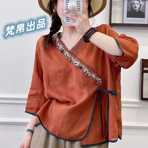 Áo Sơ Mi Mùa Hè 2023 Dáng Rộng Thêu Họa Tiết Phong Cách Trung Hoa Cổ Điển Cho Nữ