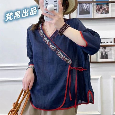 Áo Sơ Mi Mùa Hè 2023 Dáng Rộng Thêu Họa Tiết Phong Cách Trung Hoa Cổ Điển Cho Nữ