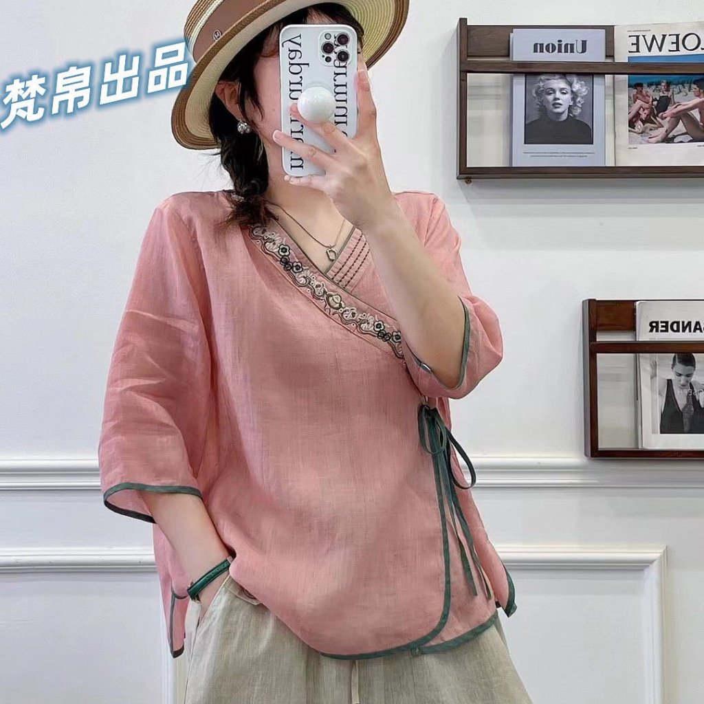Áo Sơ Mi Mùa Hè 2023 Dáng Rộng Thêu Họa Tiết Phong Cách Trung Hoa Cổ Điển Cho Nữ