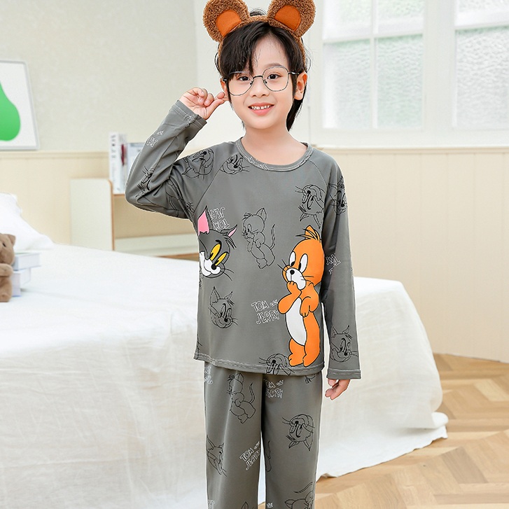 Bộ Đồ Ngủ Trẻ Em Tay Dài Cổ Tròn In Hình Hoạt Hình Dễ Thương