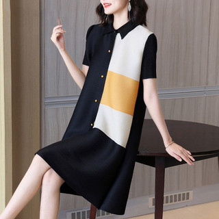 Mùa Hè Issey Miyake Phong Cách Mới Xếp Ly Tính Khí Thời Trang Tay Ngắn Đơn Giản Đầm Cổ POLO Váy Giữa Chiều Dài Nữ