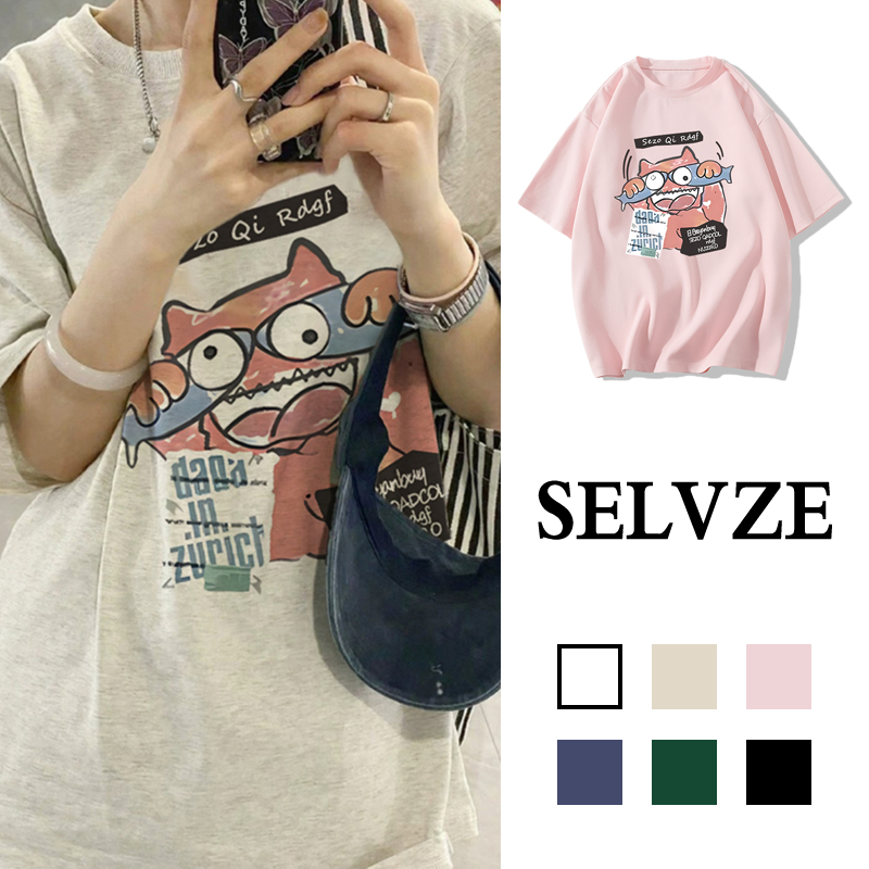 SELVZE Áo Thun cotton Tay Ngắn Dáng Rộng In Họa Tiết Vui Nhộn Phong Cách vintage