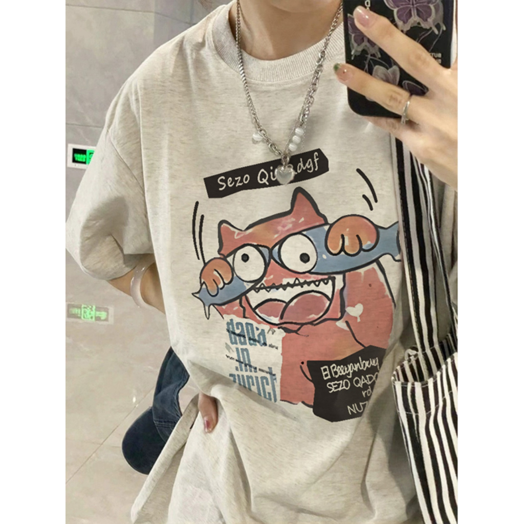 SELVZE Áo Thun cotton Tay Ngắn Dáng Rộng In Họa Tiết Vui Nhộn Phong Cách vintage